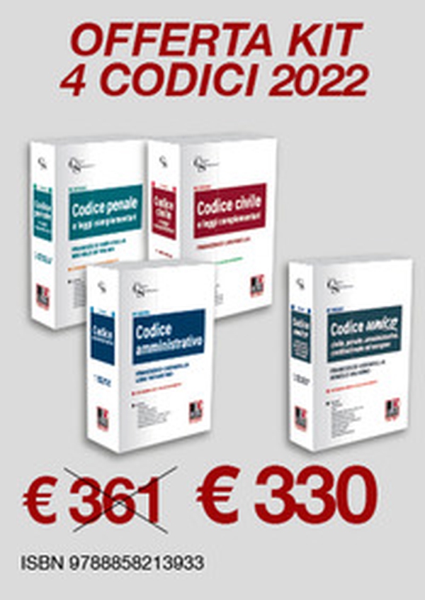 Kit codici magistratura 2022: Codice amministrativo-Codice civile e leggi complementari-Codice penale e leggi complementari-Codice unico - Librerie.coop Kit codici magistratura 2022: Codice amministrativo-Codice civile e leggi complementari-Codice penale e leggi complementari-Codice unico - Librerie.coop
