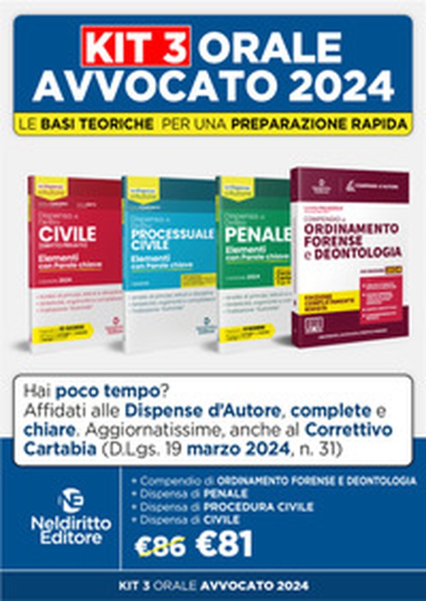 Speciale Orale Avvocato kit 3 dispense + 1 compendio (Civile, Ordinamento forense + Procedura civile + Penale) - Librerie.coop Speciale Orale Avvocato kit 3 dispense + 1 compendio (Civile, Ordinamento forense + Procedura civile + Penale) - Librerie.coop